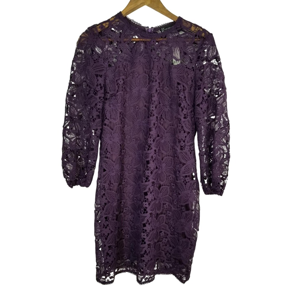 New York & Company Purple Floral Lace Sheath Dress NWT Med High Neck Whimsigoth
